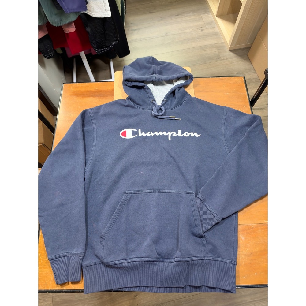 Champion Hoodie Mens Medium Navy Blue Good Script Logo Pullover GF89H